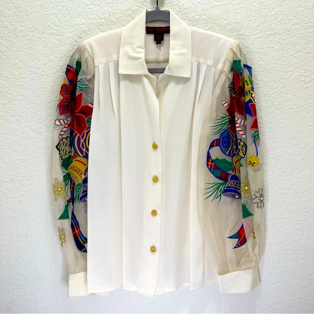 Vtg Jerri Sherman 100% silk Christmas Appliqué blouse, white W/ Beading Size 4
